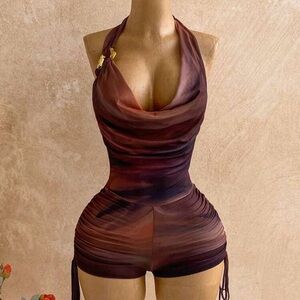 Brown Halter Neck Ruched Romper